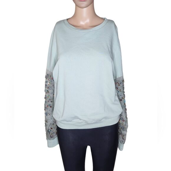 Anthropologie Let Me Be Luckcharm women's blue cotton beaded sweatshirt Size XS - Picture 2 of 12
